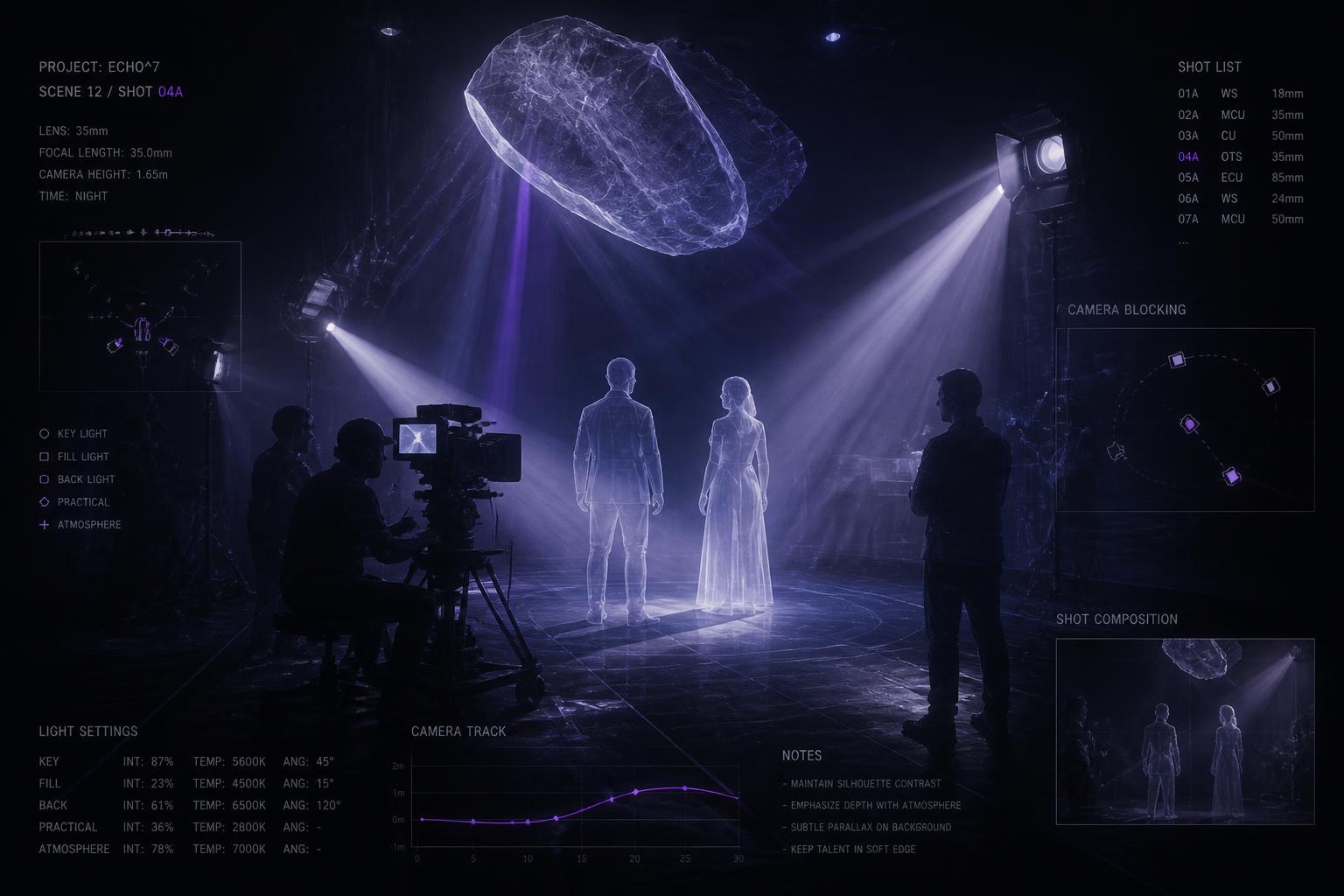 Cinematic previs scene with camera blocking diagrams
