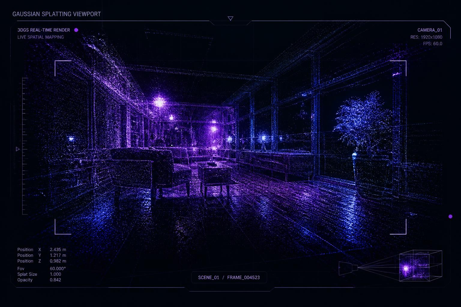 Gaussian splat viewport showing a virtual cinematic interior
